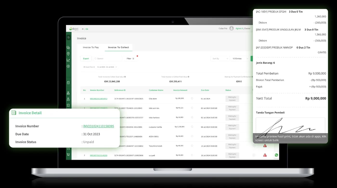 Pembayaran dan invoice sales kanvas di Distri