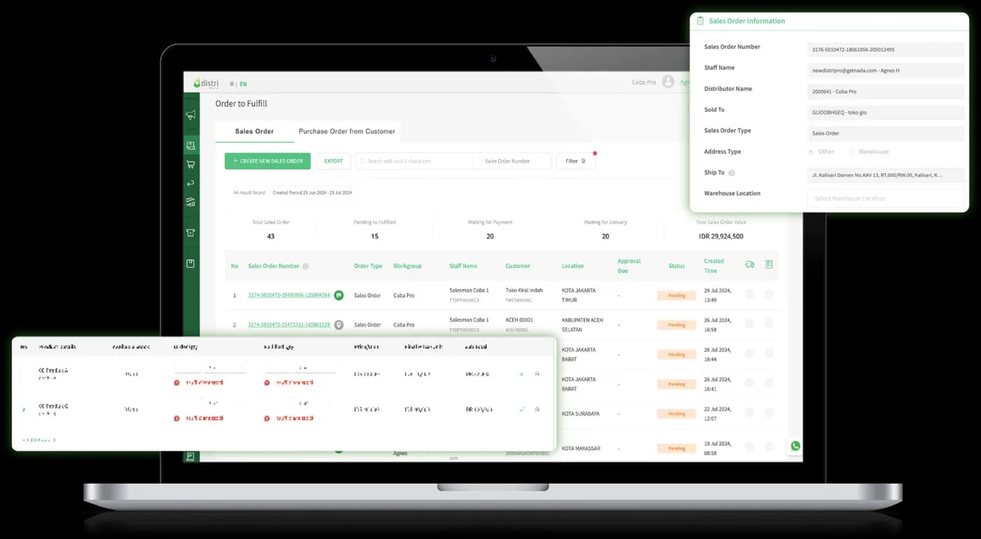 Tampilan sales order Distri di web dan aplikasi