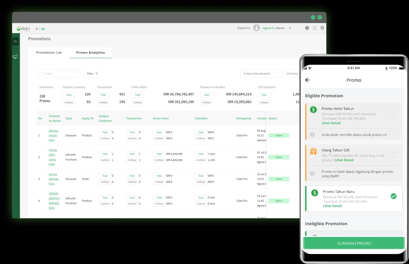 Tampilan produk dan promosi di aplikasi Distri
