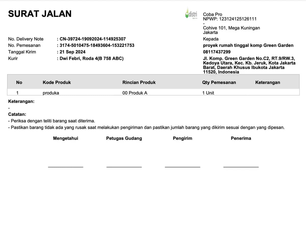 Komponen dalam Delivery Order